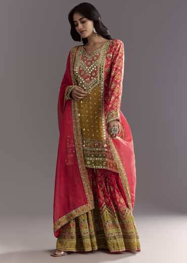 Bright Coral Pink Printed Leather Patch Kurta Sharara With Organza Dupatta