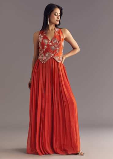Orange Georgette Jumpsuit With Moti And Sequins Embroidery