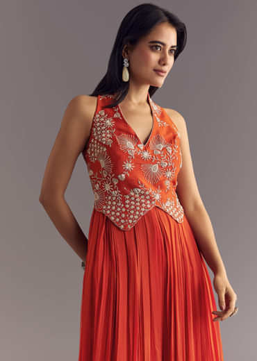 Orange Georgette Jumpsuit With Moti And Sequins Embroidery