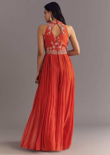 Orange Georgette Jumpsuit With Moti And Sequins Embroidery
