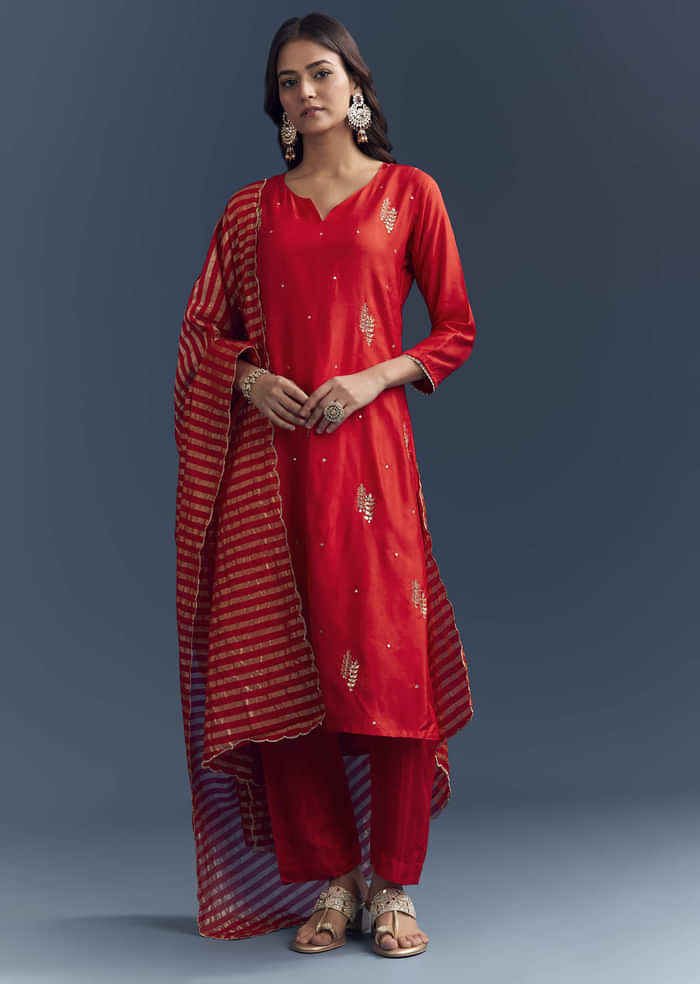 Bright Orange Silk Kurta Set With Zari And Gota Work