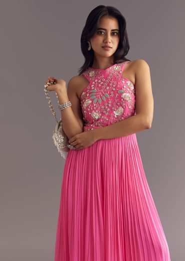 Bright Pink Georgette Jumpsuit With Embroidered Belt