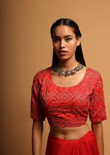 Bright Red Blouse In Silk Blend With Bandhani Print And Mirror Embroidery In Geometric Design