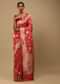 Bright Red Saree In Art Handloom Silk With Two Toned Woven Floral Jaal, Geometric Motifs On The Pallu And Unstitched Blouse