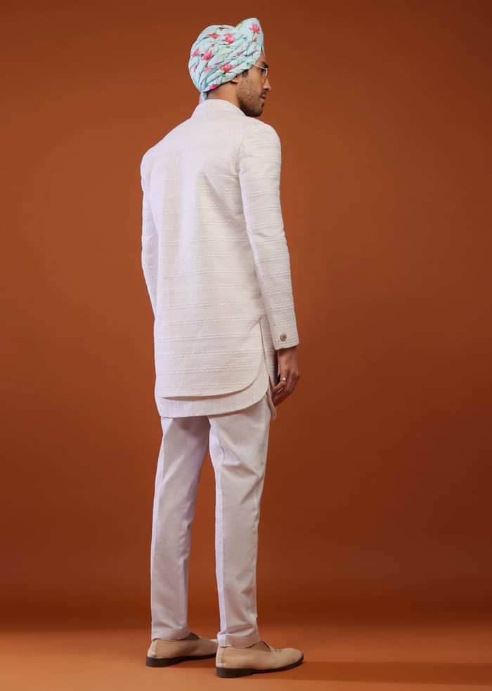 Daisy White Embroidered Sherwani Set In Suiting Fabric