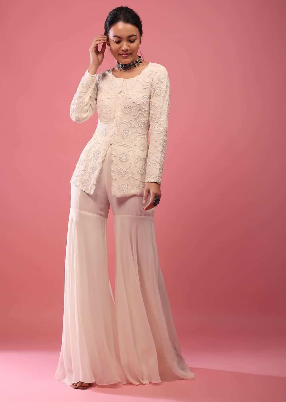 Off-White Sharara Suit In Georgette With Fully Embroidered Top & Flowy Pants