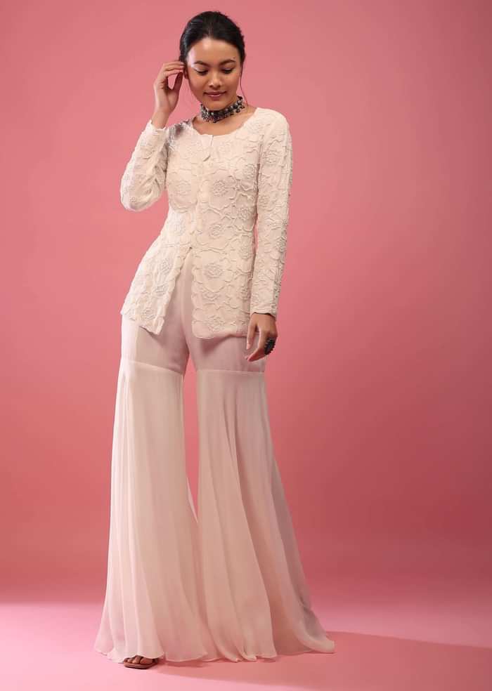 Off-White Sharara Suit In Georgette With Fully Embroidered Top & Flowy Pants