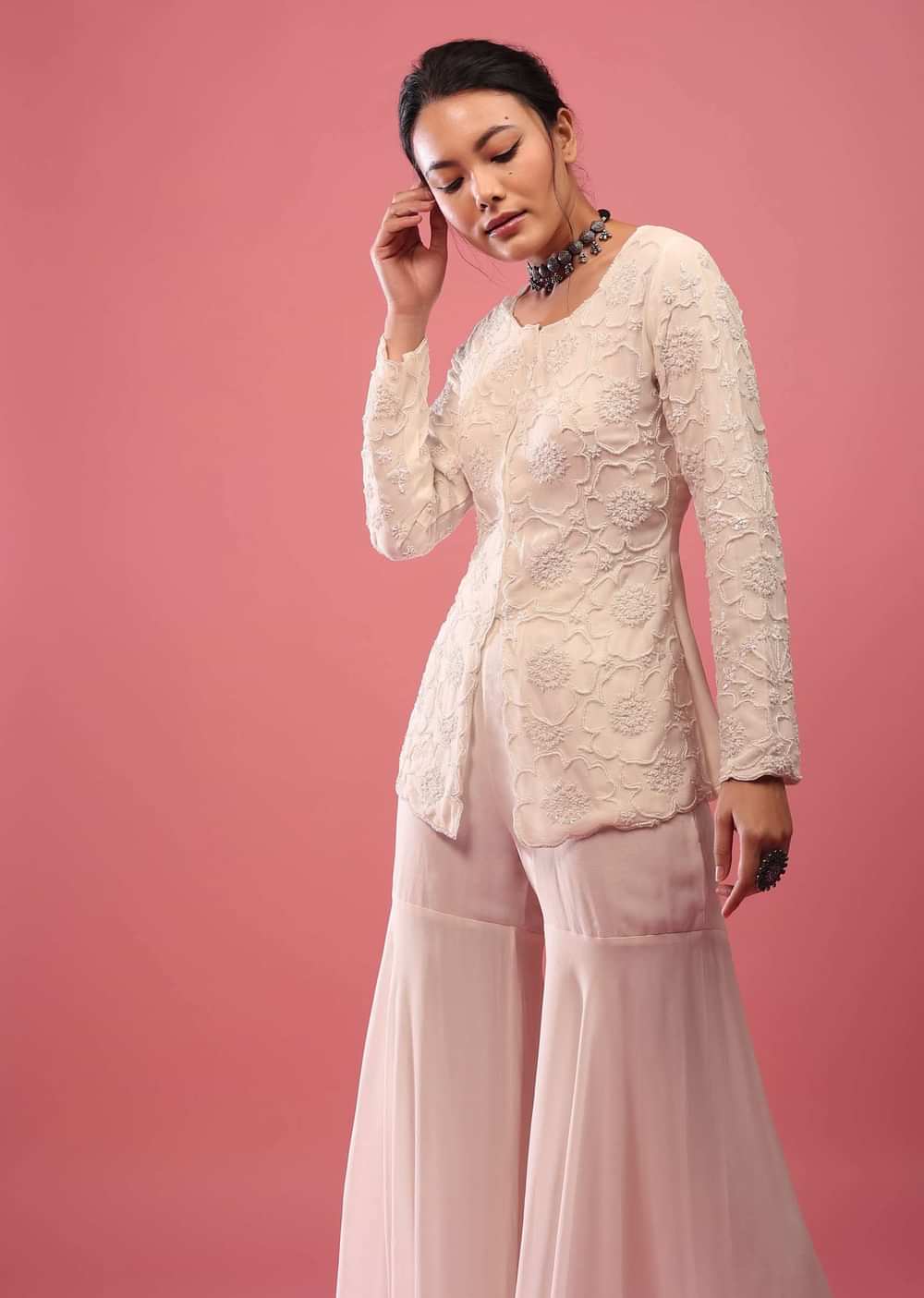 Off-White Sharara Suit In Georgette With Fully Embroidered Top & Flowy Pants