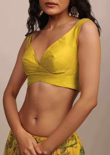 Bright Yellow Sleeveless Blouse With Sweetheart Neckline In Raw Silk