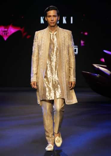 Bronze Banarasi Silk Embroidered Sherwani Suit With Dupatta