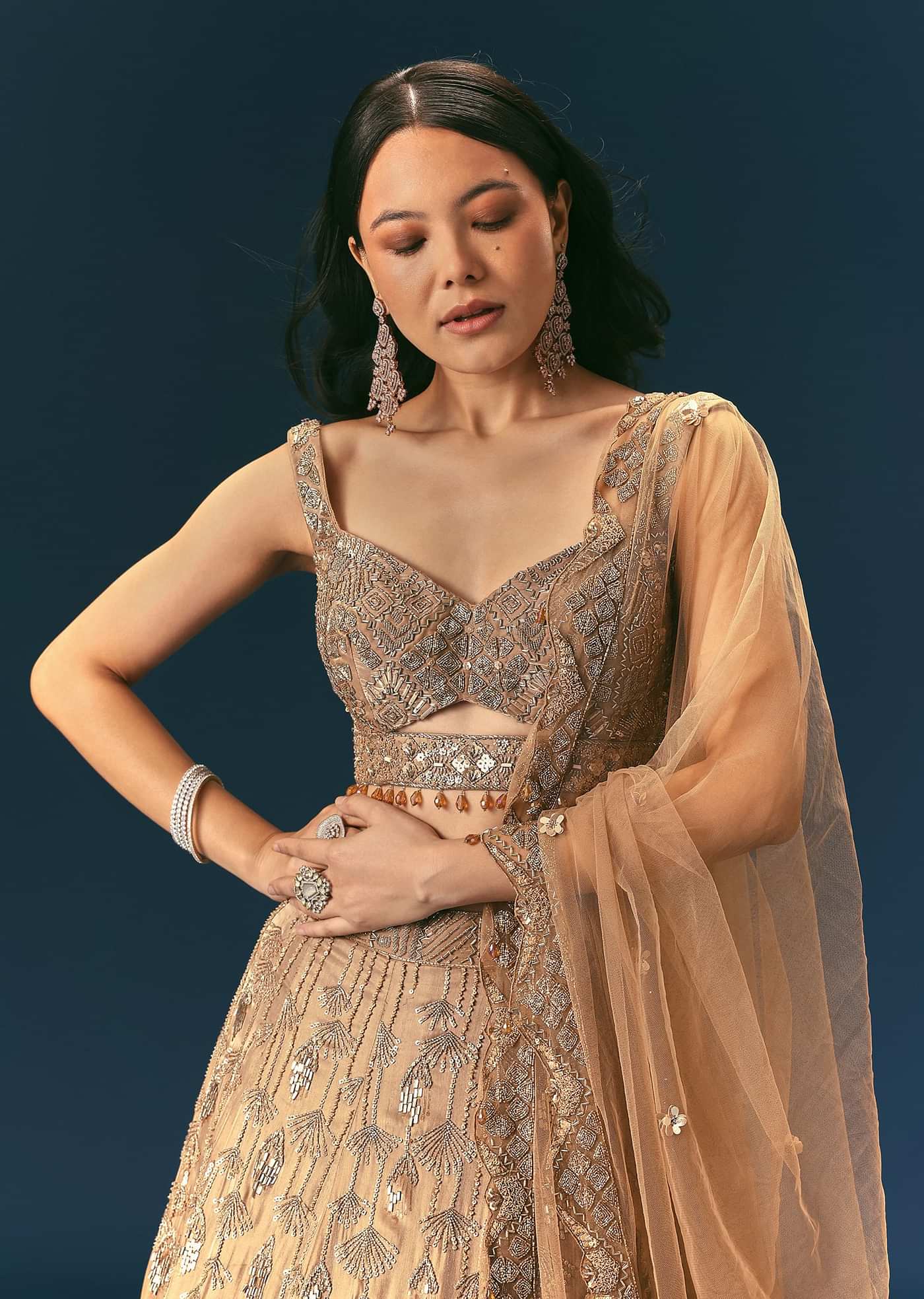 Bronze Organza Lehenga Set With Hand Work