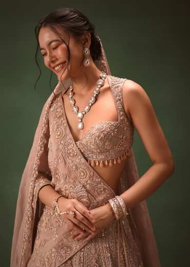 Bronze Self Embroidered Lehenga Set With Two Dupattas