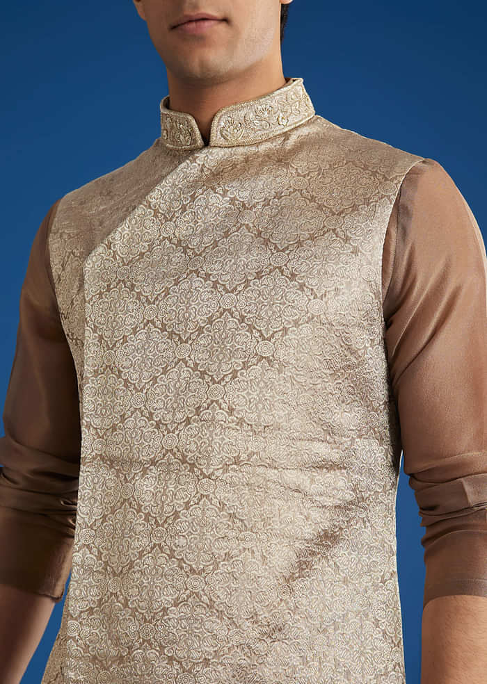 Brown Banarasi Silk Jacket Kurta Set With Cutdana Work