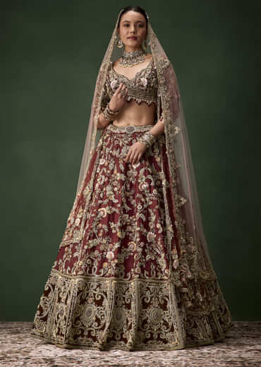Brown Bridal Cutdana Embellished Silk Lehenga Set with  Two Dupattas