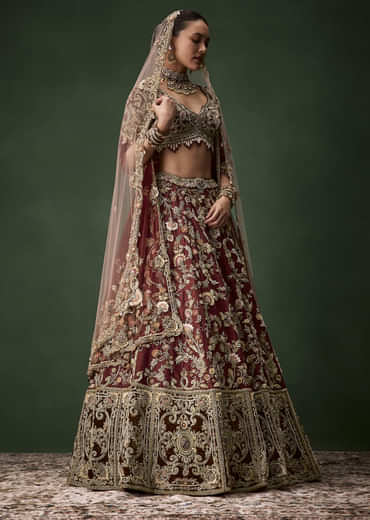 Brown Bridal Cutdana Embellished Silk Lehenga Set with  Two Dupattas