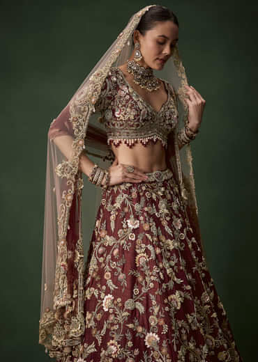 Brown Bridal Cutdana Embellished Silk Lehenga Set with  Two Dupattas