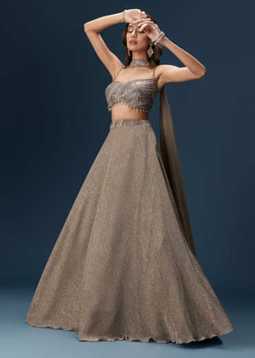 Brown Bridesmaid Lehenga With Choker Net Dupatta And Embellished Blouse