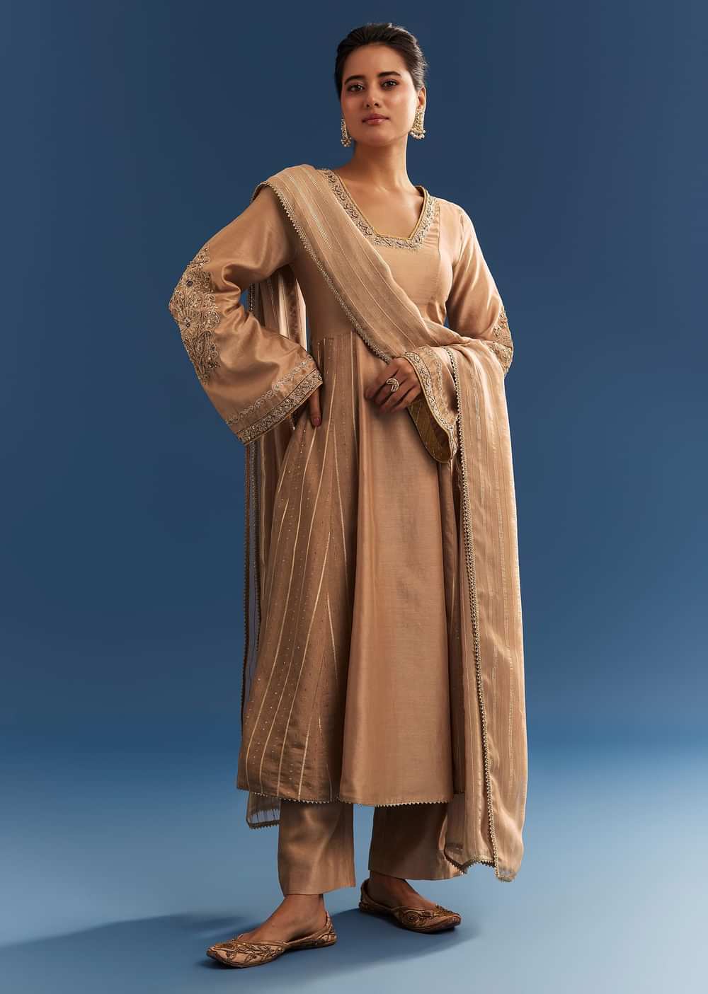 Brown Chanderi Kurta Set With Organza Dupatta And Lurex Detailing