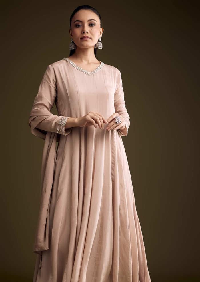 Brown Chinon Anarkali Suit With Sequin Embroidery