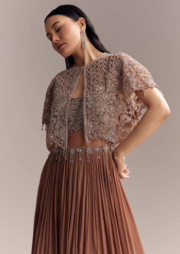Brown Chinon Contemporary Gown With Embroidered Cape