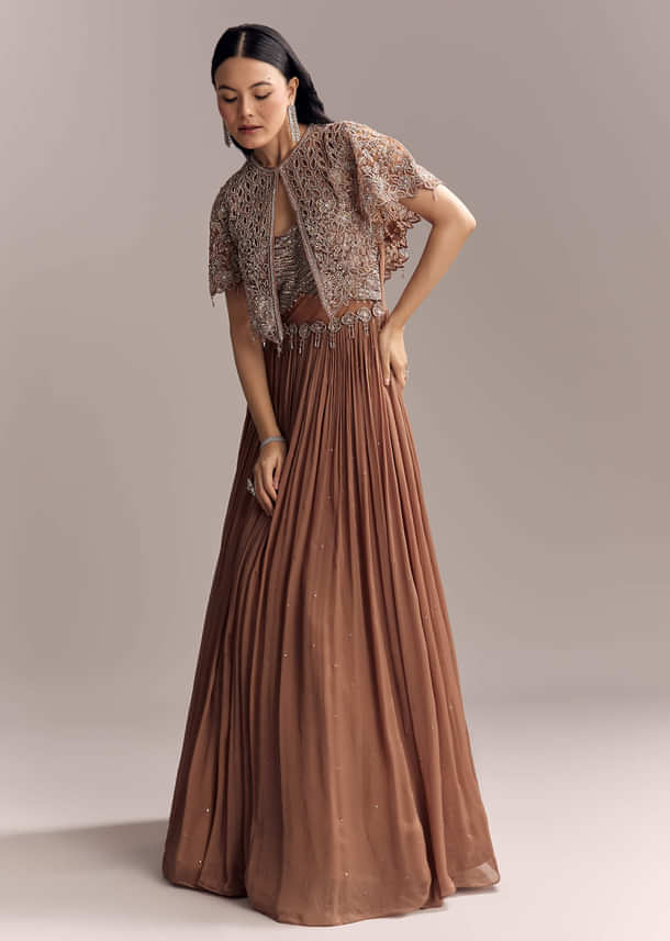 Brown Chinon Contemporary Gown With Embroidered Cape
