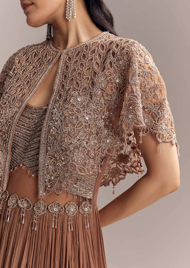 Brown Chinon Contemporary Gown With Embroidered Cape