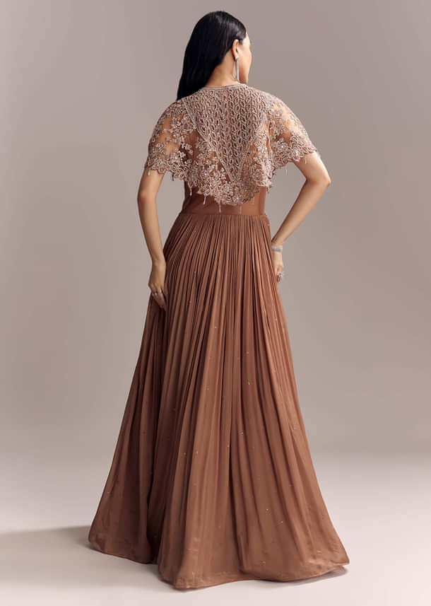 Brown Chinon Contemporary Gown With Embroidered Cape