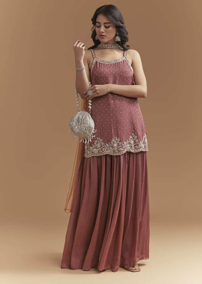 Brown Chinon Palazzo Suit With Sequins Hand Embroidery