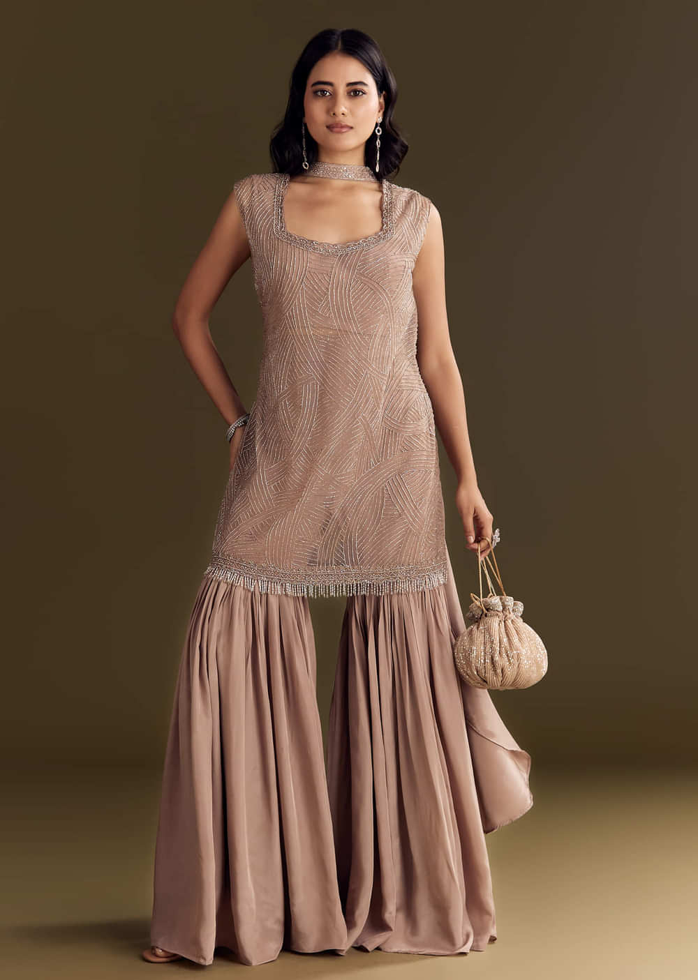Brown Crepe Kurta Sharara With Choker Style Net Dupatta