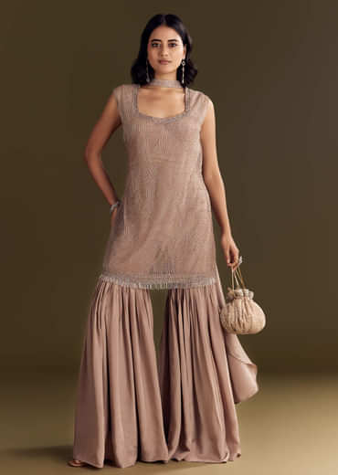Brown Crepe Kurta Sharara With Choker Style Net Dupatta