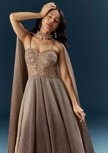 Brown Imported Net Bridal Gown With Heavy Embroidery