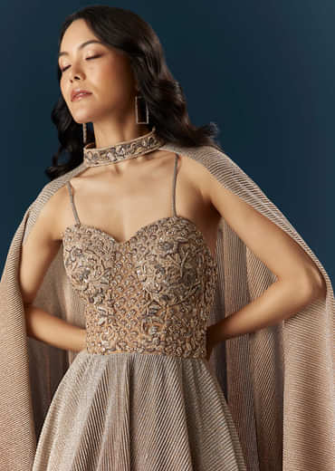 Brown Imported Net Bridal Gown With Heavy Embroidery