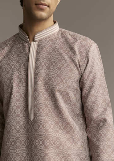 Brown Jacquard Kurta Set For Men