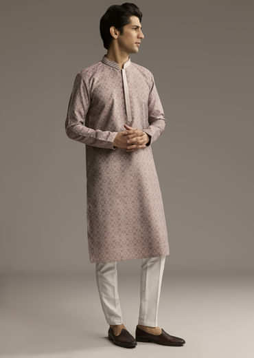 Brown Jacquard Kurta Set For Men