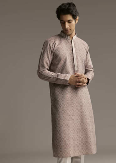Brown Jacquard Kurta Set For Men