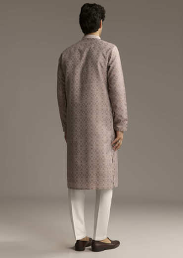 Brown Jacquard Kurta Set For Men
