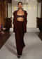 Brown Lace Crop Top And Skirt Set With Bead Embroidery