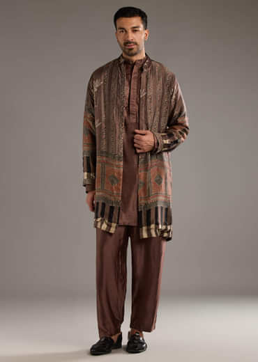 Brown Modal Linen Kurta Jacket Set For Men With Hand Block Ajrakh Print