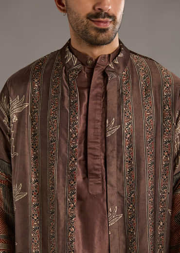 Brown Modal Linen Kurta Jacket Set For Men With Hand Block Ajrakh Print