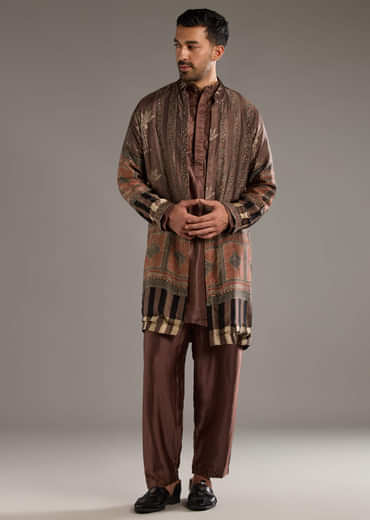 Brown Modal Linen Kurta Jacket Set For Men With Hand Block Ajrakh Print