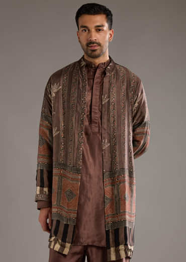 Brown Modal Linen Kurta Jacket Set For Men With Hand Block Ajrakh Print