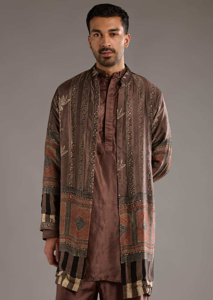 Brown Modal Linen Kurta Jacket Set For Men With Hand Block Ajrakh Print