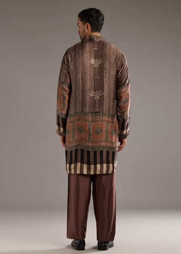 Brown Modal Linen Kurta Jacket Set For Men With Hand Block Ajrakh Print