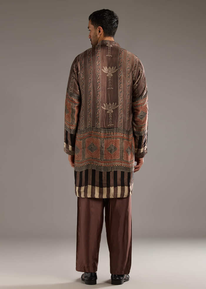 Brown Modal Linen Kurta Jacket Set For Men With Hand Block Ajrakh Print