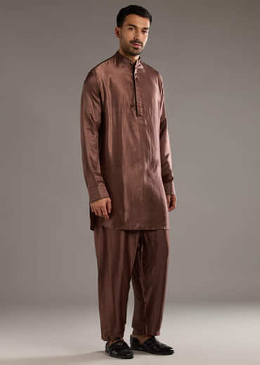 Brown Modal Linen Kurta Jacket Set For Men With Hand Block Ajrakh Print