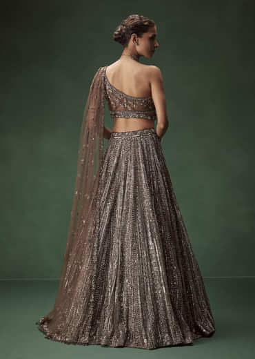 Brown One Shoulder Bridal Lehenga Set With All Over Sequins