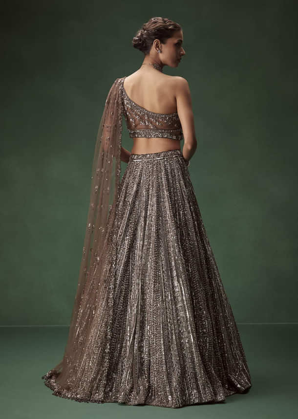 Brown One Shoulder Bridal Lehenga Set With All Over Sequins