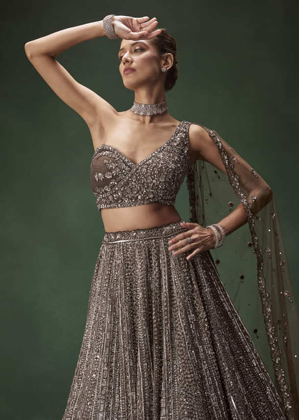 Brown One Shoulder Bridal Lehenga Set With All Over Sequins