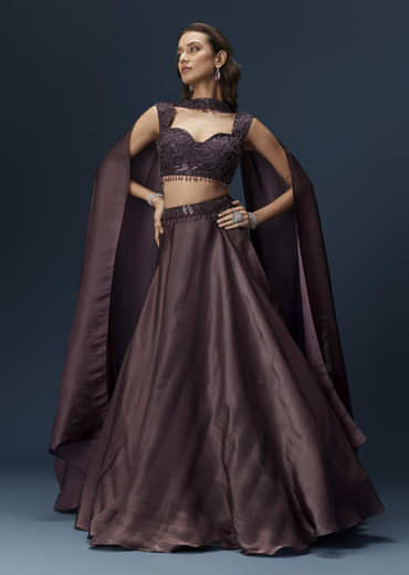 Brown Organza Lehenga Set With Sleeveless Sweetheart Blouse And Dupatta