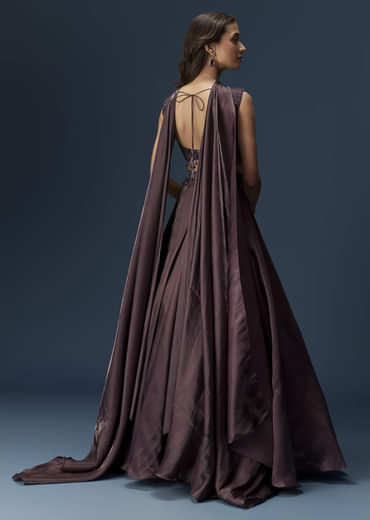 Brown Organza Lehenga Set With Sleeveless Sweetheart Blouse And Dupatta